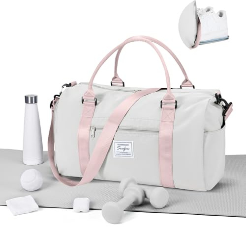 WEPLAN Sport Duffel Bag Damen Herren Sporttasche mit Schuhfach & Nassfach Reisetasche Handgepäck Tasche Sporttaschen Fitness Gym Bag Weekender Travel Bag Schwimmtasche Trainingstasche,A12-Grau Rosa
