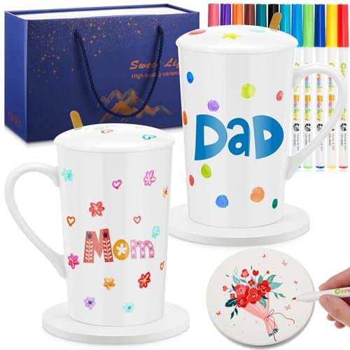 Yaryang Keramik Bemalen Set mit 2 Weiße Tassen 12 Farben Porzellanstifte 2 Blanko Untersetzer 2 Löffel Tassen Bemalen Set Bastelset Erwachsene Geschenk für Mama Papa zum Geburtstag Weihnachten