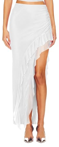 SEBOWEL Jupe en maille pour femme - Élégante jupe asymétrique à volants - Pour festival de musique - Jupe de fête, Blanc., XL