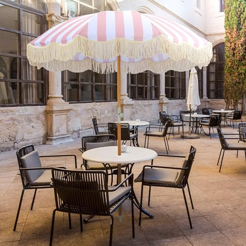 DYPJHEO 2m Parasol à Rayures Roses Et Blanches, Inclinable, Poteau en Bois + Parasol De Plage à Pompon + Pare-Soleil + Imperméable, Parasol De Jardin Rétro Terrasse Café Parasol De Balcon Vintage