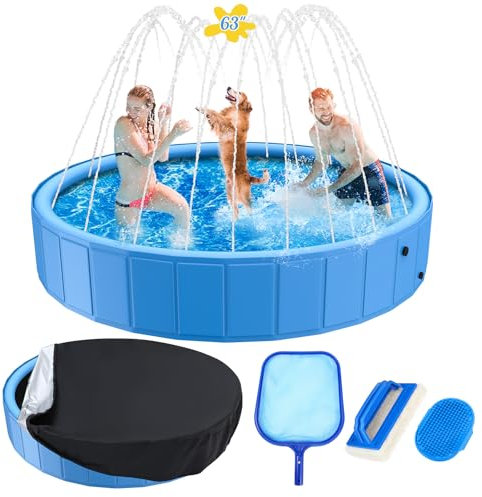 Yiyiring 63in Foldable Dog Pool with Cover, Splash Pad for Kids Dogs Pets
