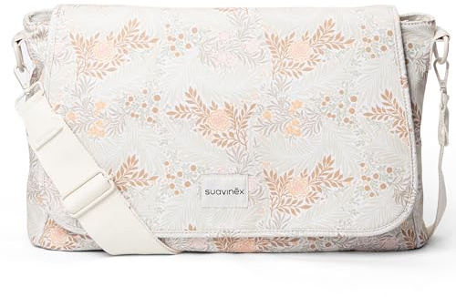 Suavinex, Bolso Maternidad Bandolera, Bolso Carro Bebé de Gran Capacidad, Asas Ajustables al Carrito, Solapa y Cierre de Cremallera, Impermeable, con Bolsillos Interiores, Beige Flores
