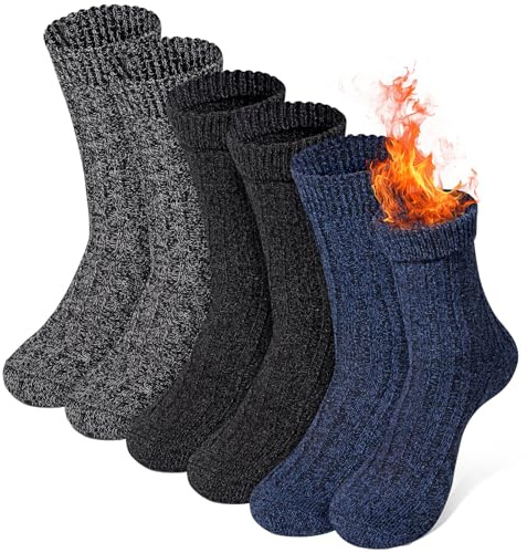 Riqiaqia 6 par merino ullstrumpor termostrumpor för män vinterstrumpor vandringsstrumpor andas vandringsstrumpor affärs- och fritid stickade strumpor sportstrumpor EU 38–45, blå/svart/mörkgrå, 38-45