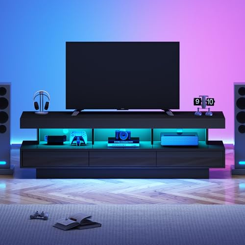 Easexcy 160cm Hochglanz-TV-Ständer mit 3 Glasablagen, LED-Beleuchtung, App-Steuerung, Bluetooth-Konnektivität für 70-Zoll-Fernseher, Hochglanz-Glas-TV-Ständer (Schwarz)