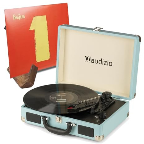 Audizio RP114BL Blue Briefcase Record Player with Built-In Stereo Speakers & Retro Vinyl Record Display Stand - Portable Vintage Turntable, USB MP3 Encoding, RCA Output, 3-Speed Playback