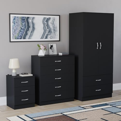 Vida Designs Riano 3 Piece Bedroom Set - 3 Drawer Bedside Chest, 5 Drawer Chest, 2 Door 2 Drawer Wardrobe - Black