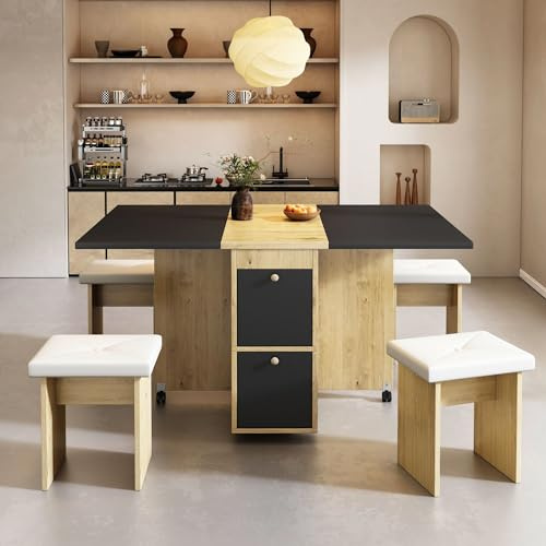 Oslghy Juego de Comedor Mesa y 4 Sillas, Mesa de Comedor Plegable con Sillas, 120x80x75 cm Juego de Mesa de Comedor Rectangular Extensible con 4 Sillas Cocina, con Función de Almacenamiento (Negro)