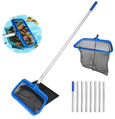 Supaway Épuisette de Fond pour Piscine, Filet de nettoyage avec Manche réglable 2,8m Filet pour Piscine, épuisette pour étang, Spa - Type C (Cadre Bleu Plastique - Filet Noir grossier Profond)