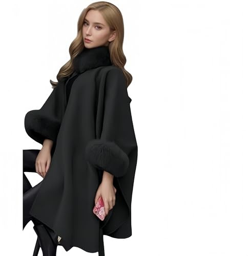 Proumhang Cappotto Mantella A-Line Elegante in Maglia,con Grande Collo in Pelliccia Sintetica e Cappuccio,Soprabito Trench per Donne, Taglie Forti Inverno,Poncho Cardigan Avvolgente e Caldo Nero XL