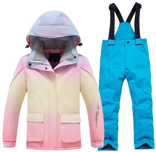 Generisch Tuta invernale per bambini 2 pezzi, con giacca e pantaloni da neve - Impermeabile, antivento, monocromatica con cappuccio per calore e comfort, Azzurro, 7-8 Jahre