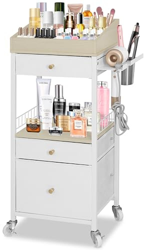NauwaBarn Makeup Organizer Cart with 3 Drawers, Large Cosmetic Organizer with Detachable Hair Tool Holder, Makeup Cabinet Cosmetic Display Cases for Skin Care Perfume Nail Polish, White & Natural