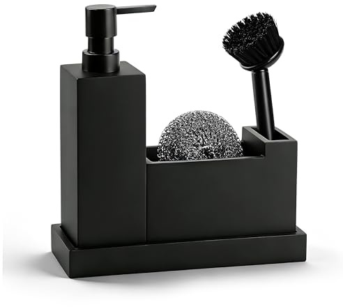 Spülbecken Organizer schwarz Set 5-teilig - Küchen Organizer Spüle aus Kunststein - inkl. Spülmittelspender, Tablett, Schwammhalter, Bürste, Schwamm - Spülorganizer fürs Spülbecken - Küchen Organizer