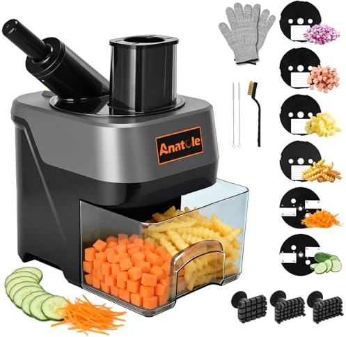 Anatole 6 in 1 Tagliaverdure Elettrico a Cubetti Ondulato Affettatrice per Verdura Frutta Professionale Grattugia Multifunzione per Cetriolo Carote Patata Cipolla 100W 220V