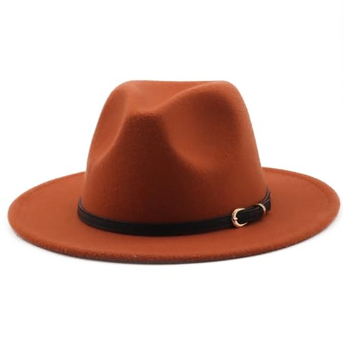 HEYANN Chapeau Fedora classique à large bord avec boucle de ceinture en feutre unisexe Trilby pour homme et femme, Caramel, L