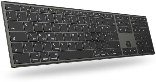 OMOTON Aluminium Bluetooth Mac Tastatur, Wiederaufladbar, QWERTZ | Kabellose Mac Tastatur mit 3 Bluetooth Kanälen (Kompatibel mit MacBook Air/Pro/iMac/Mac Pro), Ergonomisch, Leises Tippen