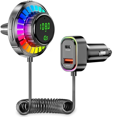 Bluetooth-adapter bil FM-sändare med RGB-ljus – Bluetooth 5.3 handsfree, PD30 W USB-C och QC3.0 snabbladdare, bil Bluetooth-adapter för iPhone Android bilradio