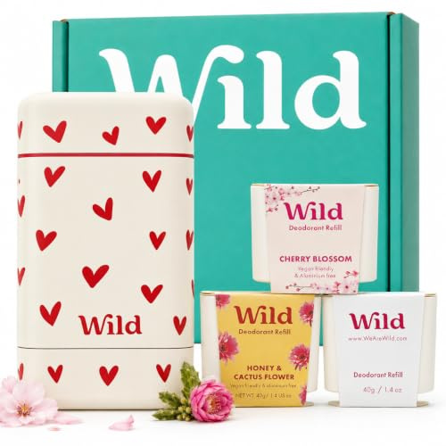 Wild Kit de Déodorant Naturel Rechargeable sans Aluminium Wild - Étui Love Heart avec Recharges Cherry Blossom, Honey & Cactus Flower, Coconut & Vanilla - Protection Longue Durée 24 h - Vegan
