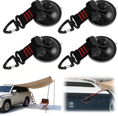 Juego de 4 Anclajes de Ventosa con Ganchos de Seguridad para Tiendas de Campaña de Coches con Toldo Lateral, Accesorios de Lona de Camping, Materiales Duraderos y Ligero para Soporte Sin Daños
