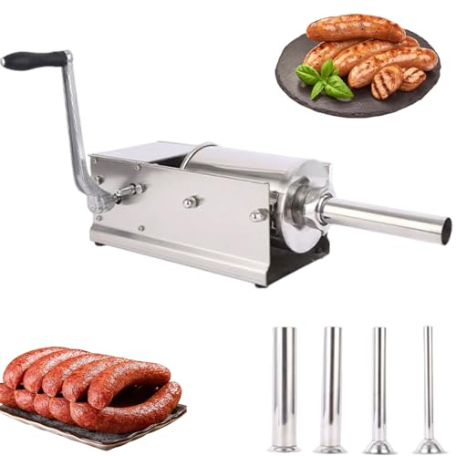 Horizontal Sausage Stuffer Machine with 4 Stuffing Tubes, 3L/5L/7L Stainless Steel Manual Meat Filler, Dual-Speed Control for Home Deli Commercial 5L