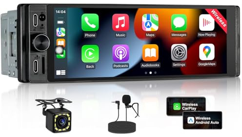 1Din Car Radio with Wireless Carplay & Android Auto, Bluetooth Autoradio 1Din mit 6,28 Zoll HD IPS Bildschirm, Rückfahrkamera, Navi, AM/FM/RDS, TF, AUX, SWC