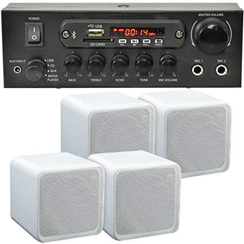Loops SMART HOME BLUETOOTH SPEAKER SYSTEM – 4x 80W White Bookshelf Speakers & 110W Wireless Compact Amplifier *ECHO/ALEXA* - Café, Bar, Restaurant, Home Cinema Surround Sound, Mini Amp Audio HiFi Kit