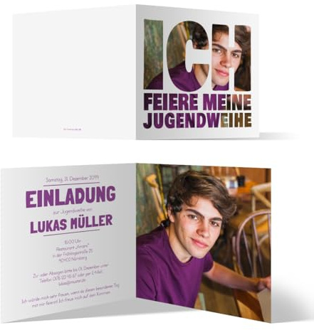 Kartenmachen.de Personalisierte Jugendweihe Foto Einladungskarten ab 10-100 Stück selbst gestalten - Fotoschrift mit Ihrem Bild und Text, quadratisch 148x148mm 300g/qm Karotonpapier, Menge wählbar