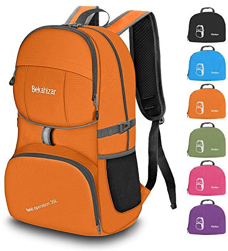 Bekahizar Lightweight Foldable Backpack 35L Hiking Rucksack Daypack Packable Travel Day Bag for Men Women Teens Outdoor Sports Walking Camping Travelling Cycling (Orange)