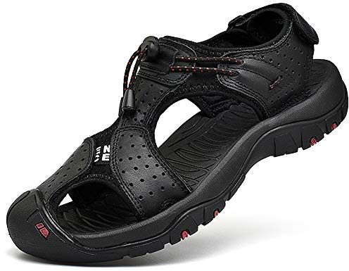 rismart Men's Closed-Toe Hook&Loop Outdoor Hiking Leather Shoes Sandals SN1505(Black,9 UK)