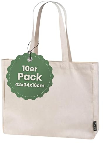 Santa Perago Premium Baumwolltasche Zum Bemalen - Einkaufstasche Groß | Stofftasche Unbedruckt & 300gsm Canvas Stoffbeutel | Große Tragetasche Mit Langen Henkeln & Blanko Totebag Zum Einkaufen |10er