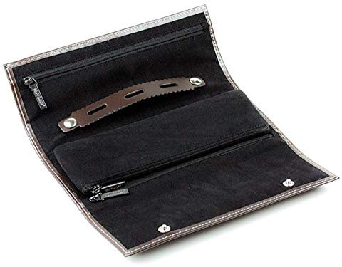 DELMON VARONE - Personalisierbare Schmuckrolle Cambridge Top Grain Leder braun, Schmuck Reiseetui mit Druckknopfverschluss & Velourfutter, Etui mit 3 Reißverschlussfächer & Ringhalter personalisiert