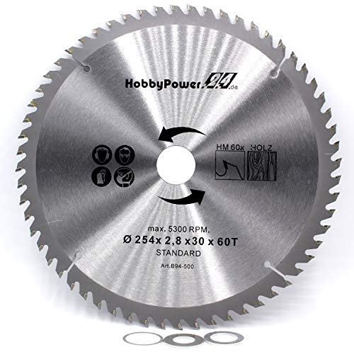 1 Kreissägeblatt Sägeblatt 254x30mm 60 Zähne + 3 Reduzierringe auf 25,4/20 / 16 mm für Zug Kapp Gehrungssäge Tischkreissäge