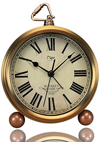 Justup Golden Table Clock, Retro Vintage Non-Ticking Table Desk Alarm Clock Battery Operated Silent Quartz Movement HD Glass for Bedroom Living Room Indoor Decoration Kids (Roman)