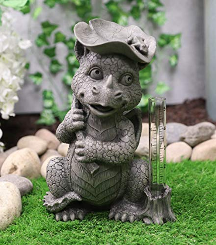 Ebros Whimsical Raindrops Keep Falling On My Head Baby Dragon with Lilypad Umbrella Rain Gauge Statue Fairy Garden Faux Stone Resin Figurine