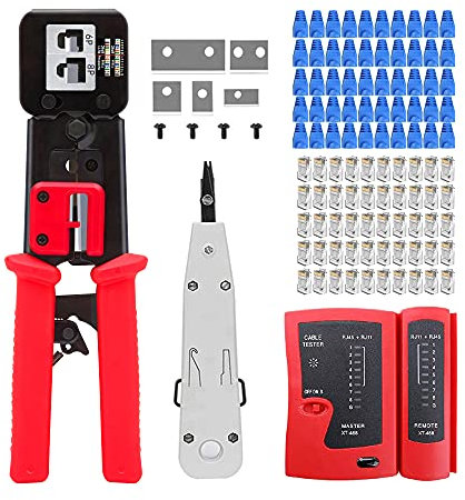 Mailine - Kit de circuitos RJ45, herramientas de red y cables, alicates crimpadora RJ45/RJ12 CAT5 CAT6, herramientas de mantenimiento de red, pelacables, conectores mantenimiento del kit LAN Tester