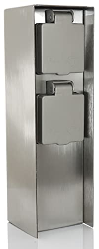 Bold 9700 19004 Orio - Presa elettrica da giardino con 2 prese in acciaio inox (IP44 per energia esterna, fino a 3680 Watt, rettangolare, 23 x 7 x 7 cm, montaggio facile) Ferro spazzolato.