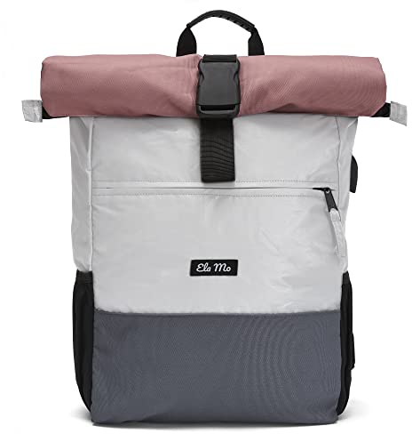 Ela Mo Rucksack Damen - Rolltop schön u. durchdacht - Laptop Rucksäcke für Frauen - Anti Diebstahl Tasche für Schule, Uni, Business (Peach)