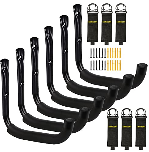 Tahikem 6 Set Garage Hooks, Utility Ladder Hooks 9 Inch / 23cm Long, Black Garage Storage Tool Hooks, Heavy Duty Large Wall Mounts Hanger Brackets, Outdoor Indoor Bike Chair Hose Storage - H22 X L23cm