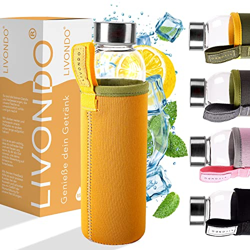 LIVONDO Borraccia in vetro, 0,5 l, con tappo a vite in acciaio inox e custodia in neoprene, lavabile in lavastoviglie (estate - calendula)