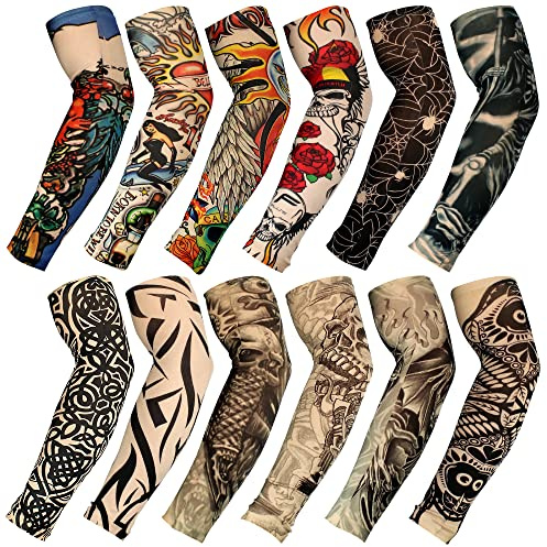 FASOTY Temporäre Tattoo-Ärmel, 12-teiliges Set, künstliche Schlupf-Tattoo-Armstulpen für Männer und Frauen, Mehrfarbig, 12 Count (Pack of 1) - Pattern C