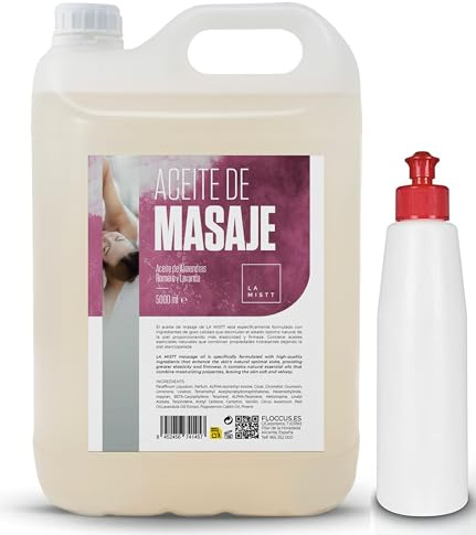 Aceite de Masaje de Almendras Dulces, Romero, Lavanda 5L + Botella Rellenable 250 mL | Aceite corporal | Fórmula Mejorada