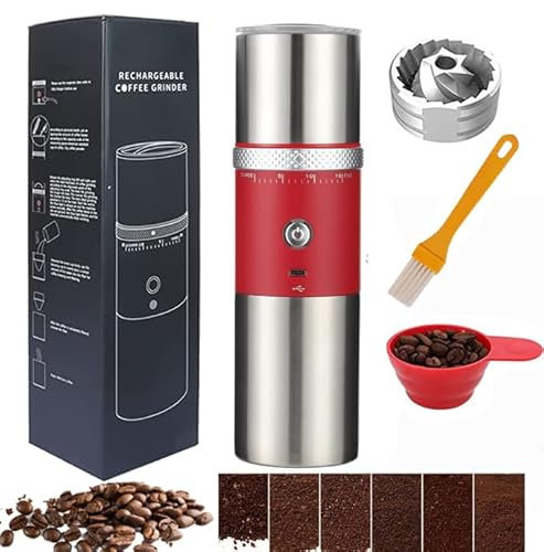 Electric Coffee Grinder Conical Burr Portable Cordless Rechargeable Travel Coffee Maker with grinder Stainless Steel Espresso Coffee Bean Machine with 15 Grind Settings Fine to Coarse（Red)