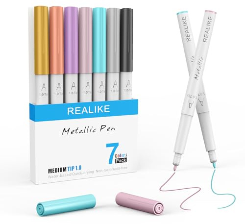 REALIKE Metallic Pens Compatible with Cricut Maker 3/4/Explore 3/Air 2/Air Metallic Marker 7 pens Medium Point 1.0 for Drawing Coloring Writing Lettering