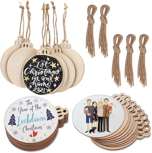 50 Stück Holzanhänger, BetterJonny Weihnachten Holz Ornamente Unvollendete Holzkreise Holzscheiben mit Loch mit 50pcs Juteseile für Weihnachten Dekoration Handwerke Basteln Bemalen Scrapbook