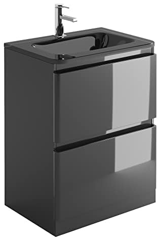 Go Bathrooms Vanity Unit 600mm Anthracite Grey Bathroom Sink Grey Glass Basin Floor Standing Soft Close Drawers Newbold Bathroom Storage Vanity Unit
