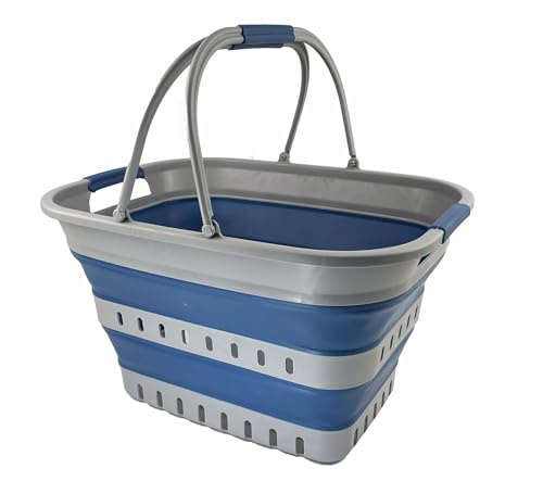 SAMMART 35 l zusammenklappbarer Wäschekorb mit Griffen – tragbarer Outdoor-Picknickkorb/Krater – faltbare Einkaufstasche – platzsparender Aufbewahrungsbehälter (Grau/Nebelblau)