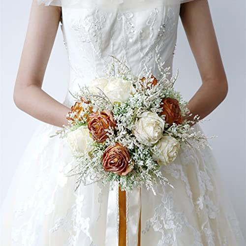 Fouriding Hochzeit Bouquet für Braut - Karamell Gebrannt Rand Rose, Künstliche Blumensträuße für Brautjungfer, Hochzeit Dekoration