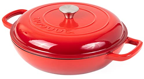 Shallow Cast Iron Casserole with Lid – Non Stick Dutch Oven Pot, Oven Safe up to 500° F – Sturdy Ovenproof Stockpot Cookware – Enamelled Cooking Pot – Red, 3.7-Quart, 30cm – by Nuovva
