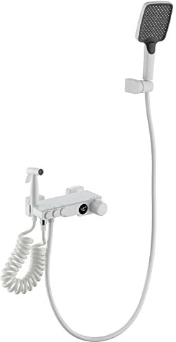 SWHC Système de Douche, Thermostatique 3 Fonctions LED Mitigeur Douche avec Douche à Main, Robinet de Baignoire, Douche Bidet, Laiton Colonne de Douche pour Douche Baignoire Noir