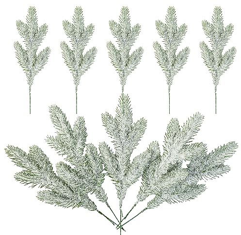 AllReal 15 Stück verschneite Tannenzweige Weihnachten Künstliche Milchkiefer Picks Schnee Wald Fake Greenery Winter Sprays Stiele Zweige für Handwerk Kränze Urlaub Arrangement Herzstück Heimdekoration
