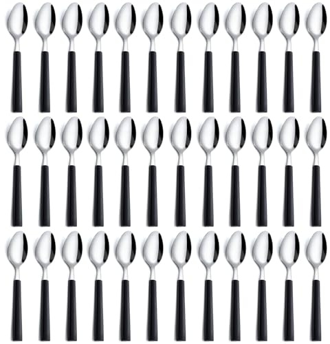 Pleafind Teelöffel Set mit 36 Edelstahl-Teelöffeln mit schwarzen Griffen, Teelöffel-Set für Zuhause/Küche/Restaurant, hochglanzpolierte Teelöffel, Besteck, Kaffeelöffel, 15,7 cm, spülmaschinenfest
